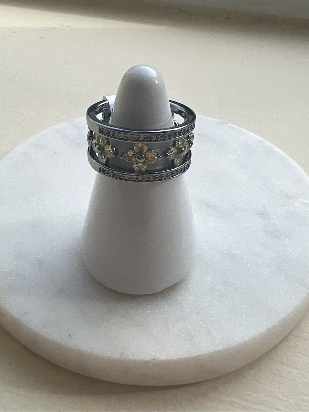 bp Silver-Tone Ring with Yellow Crystal Floral Accents